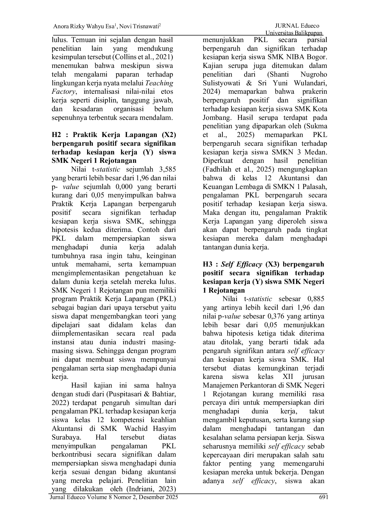 JURIS Pengaruh Teaching Factory Praktik Kerja Lapangan PKL dan Self Efficacy terhadap Kesiapan Kerja Siswa Jurusan Manajemen Perkantoran SMK Negeri 1 Rejotangan