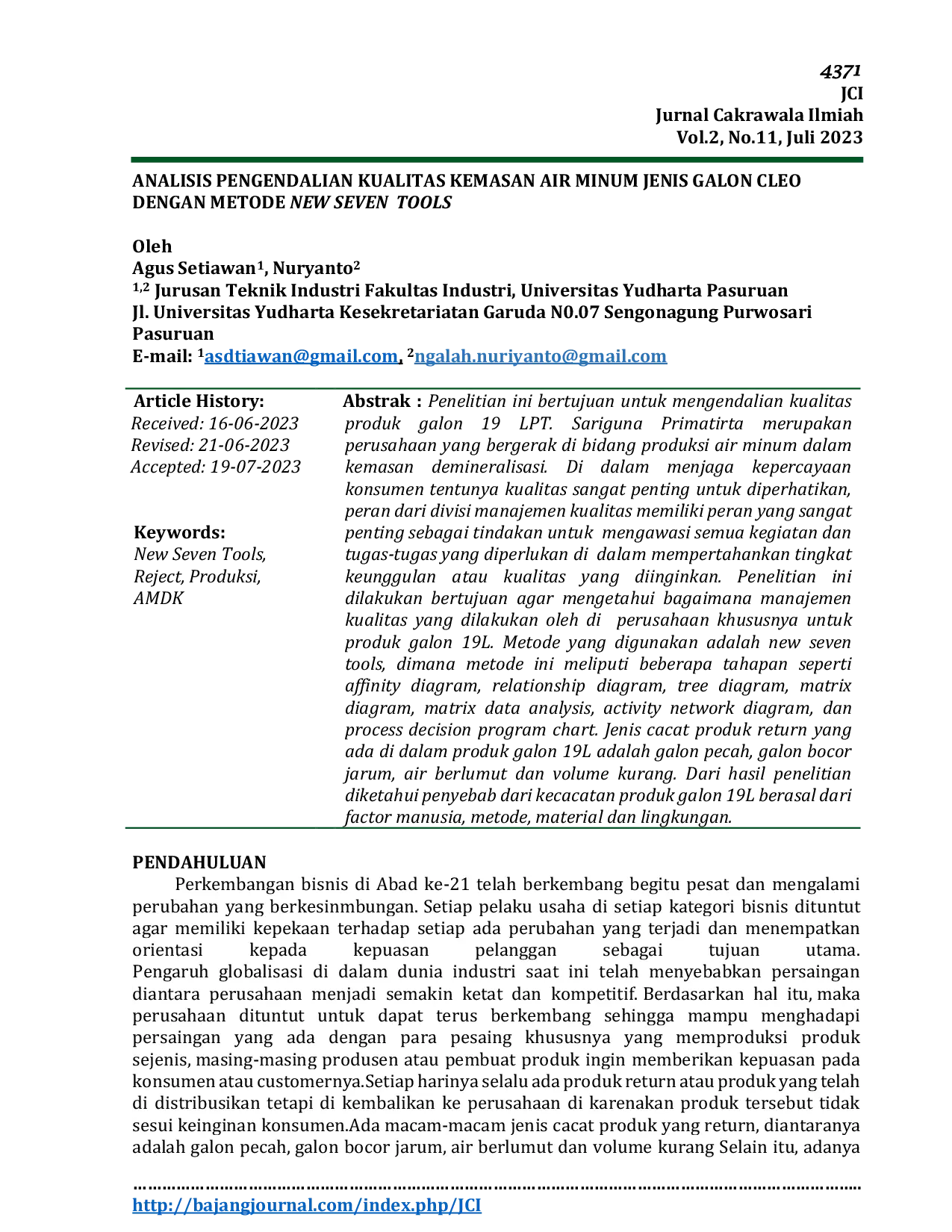 JURIS Analisis Pengendalian Kualitas Kemasan Air Minum Jenis Galon Cleo Dengan Metode New Seven Tools