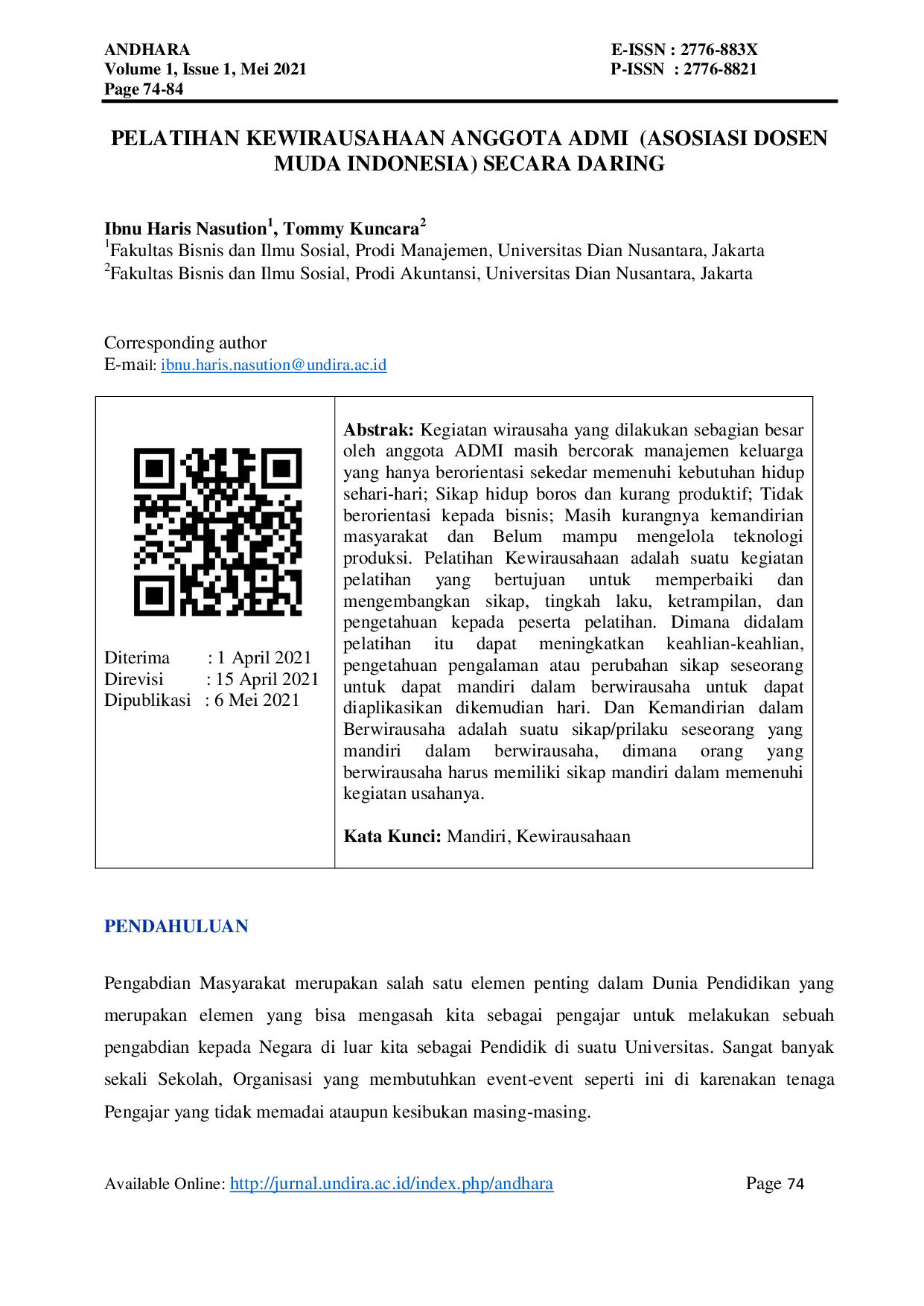 JURIS Pelatihan Kewirausahaan Anggota ADMI Asosiasi Dosen Muda Indonesia Secara Daring