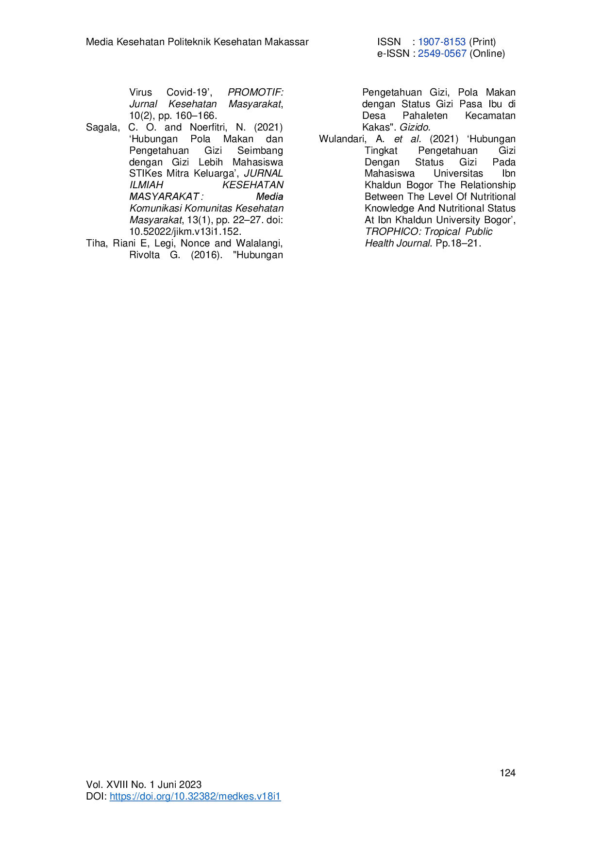 JURIS Hubungan Pengetahuan Gizi Dan Pola Makan Selama Pandemi Covid 19 Terhadap Status Gizi Mahasiswa Fisioterapi Poltekkes Kemenkes Makassar