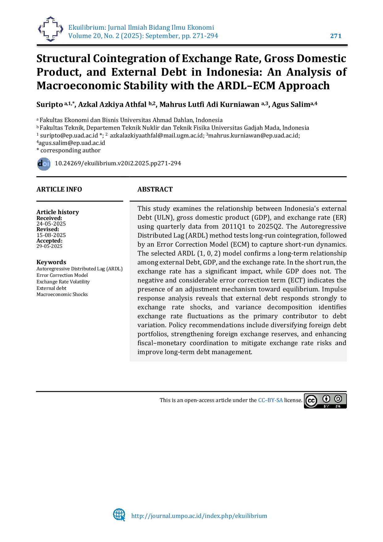 JURIS Structural Cointegration of Exchange Rate Gross Domestic Product and External Debt in Indonesia An Analysis of Macroeconomic Stability with the ARDL ECM Approach