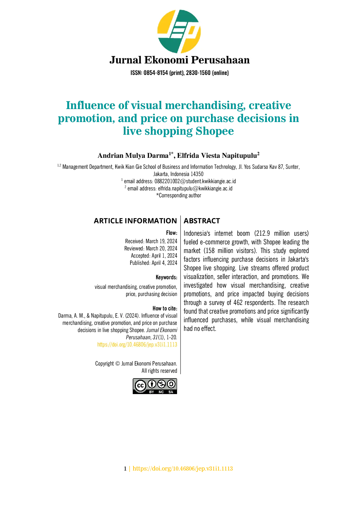 JURIS Influence of visual merchandising creative promotion and price on purchase decisions in live shopping Shopee