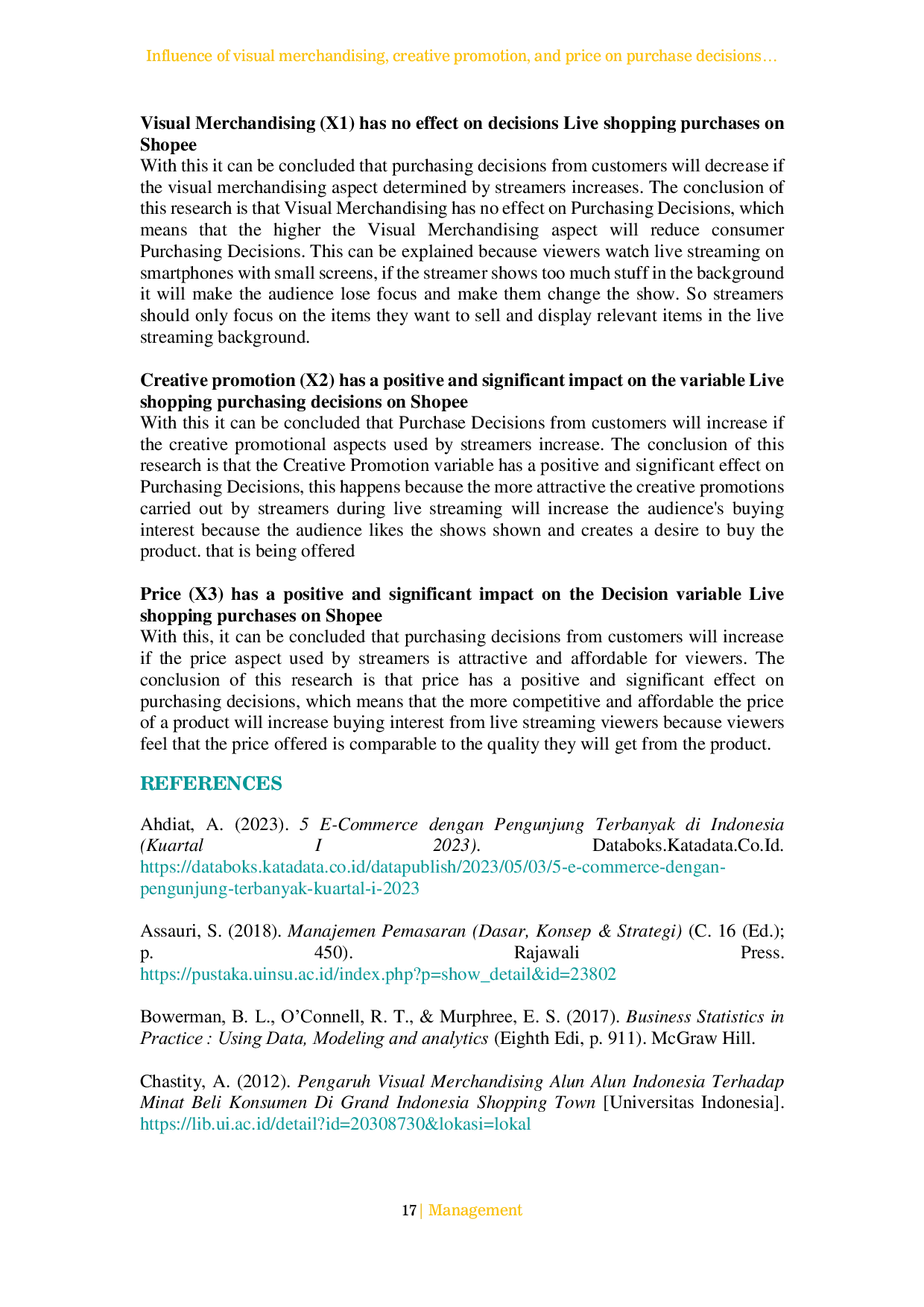 JURIS Influence of visual merchandising creative promotion and price on purchase decisions in live shopping Shopee