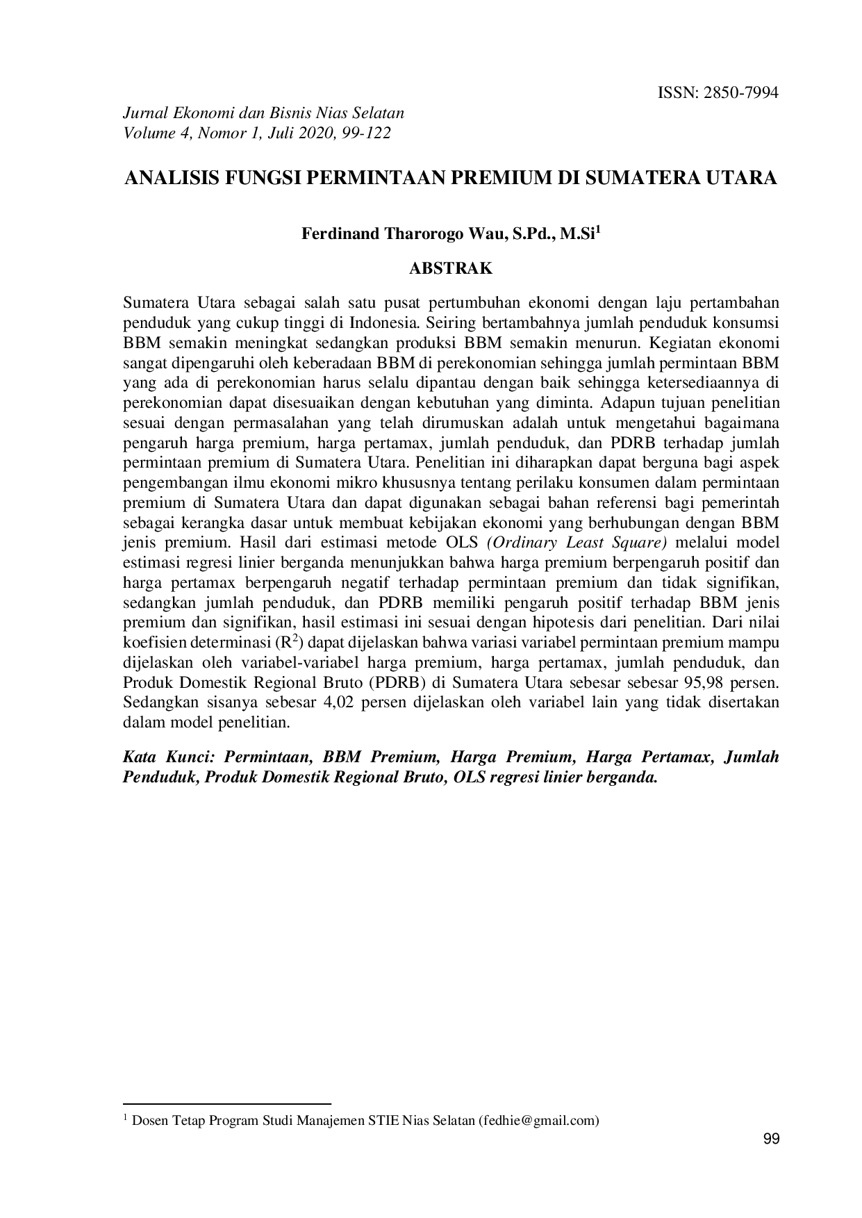 JURIS Ferdinand Tharorogo Wau ANALISIS FUNGSI PERMINTAAN PREMIUM DI SUMATERA UTARA