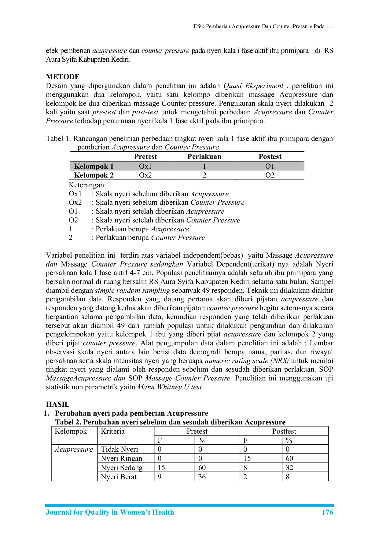 JURIS Efek Pemberian Acupressure Dan Counter Pressure Pada Nyeri Kala I Fase Aktif Ibu Primipara Di RS Aura Syifa Kabupaten Kediri