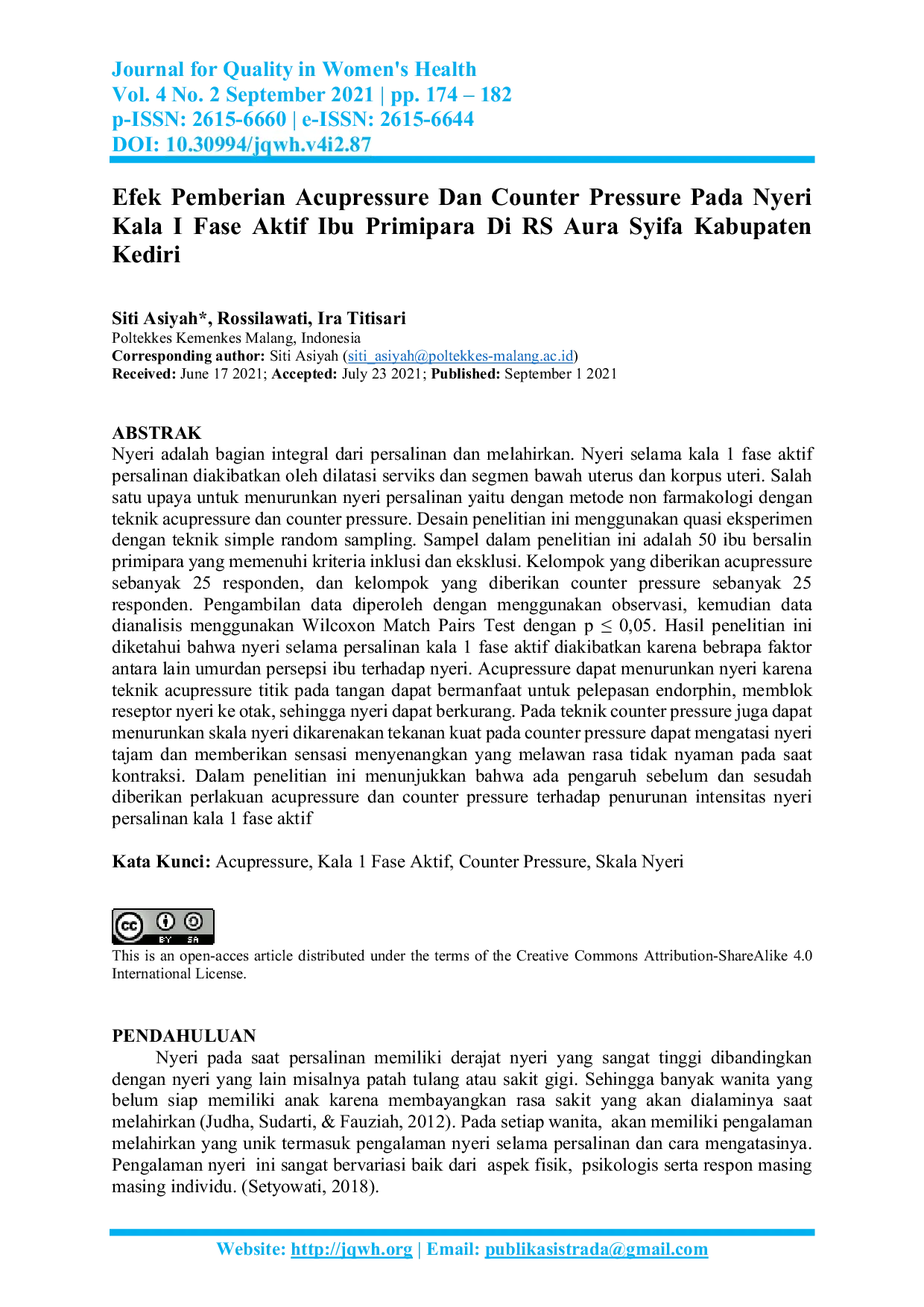 JURIS Efek Pemberian Acupressure Dan Counter Pressure Pada Nyeri Kala I Fase Aktif Ibu Primipara Di RS Aura Syifa Kabupaten Kediri