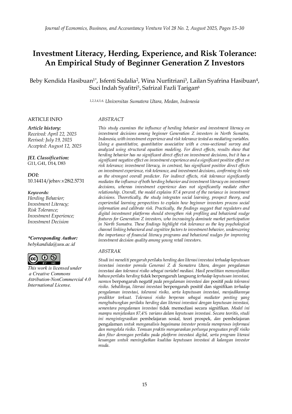 JURIS Investment Literacy Herding Experience and Risk Tolerance An Empirical Study of Beginner Generation Z Investors