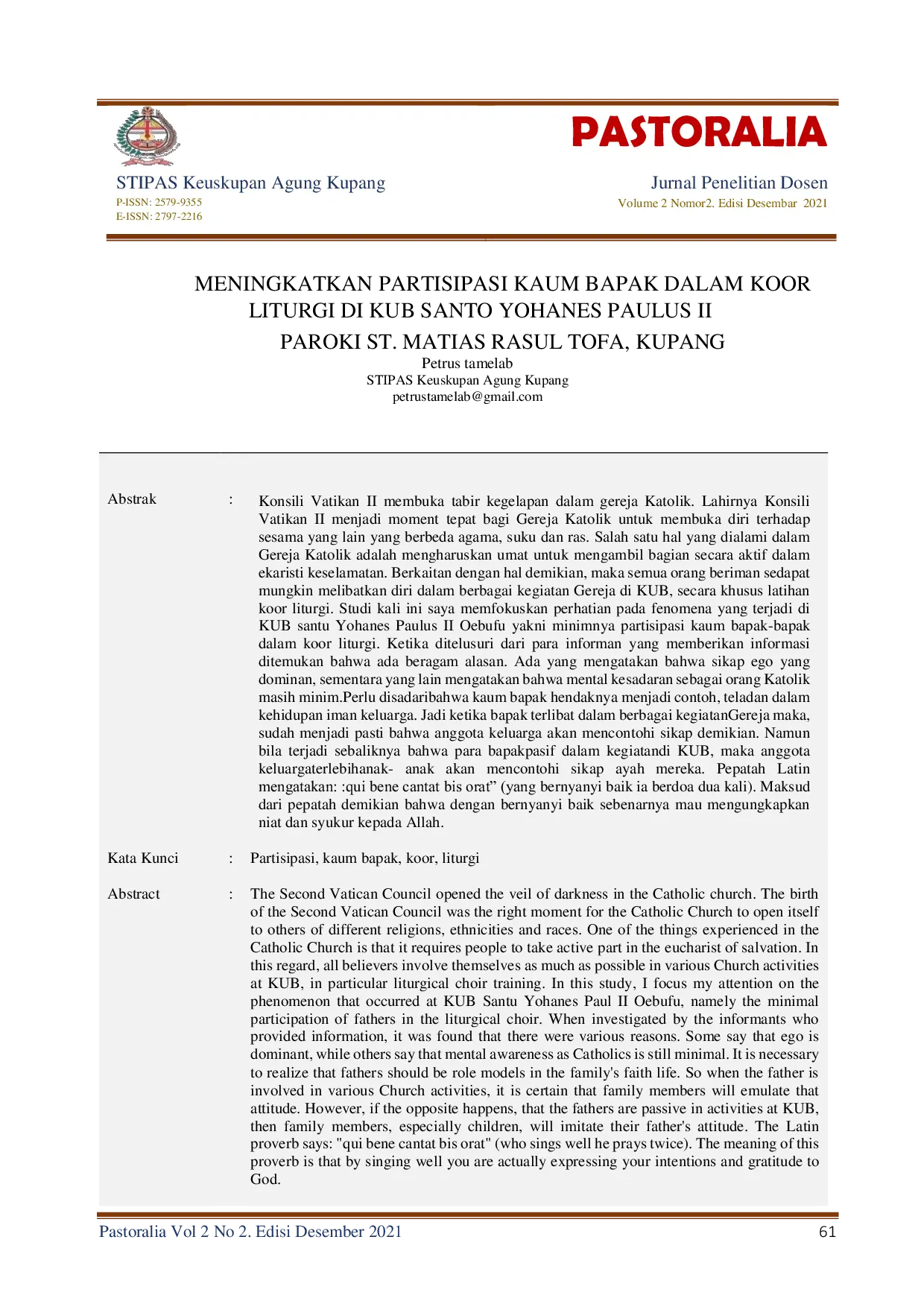 JURIS Meningkatkan Partisipasi Kaum Bapak dalam Koor Liturgi di KUB Santo Yohanes Paulus II Paroki St Matias Rasul Tofa