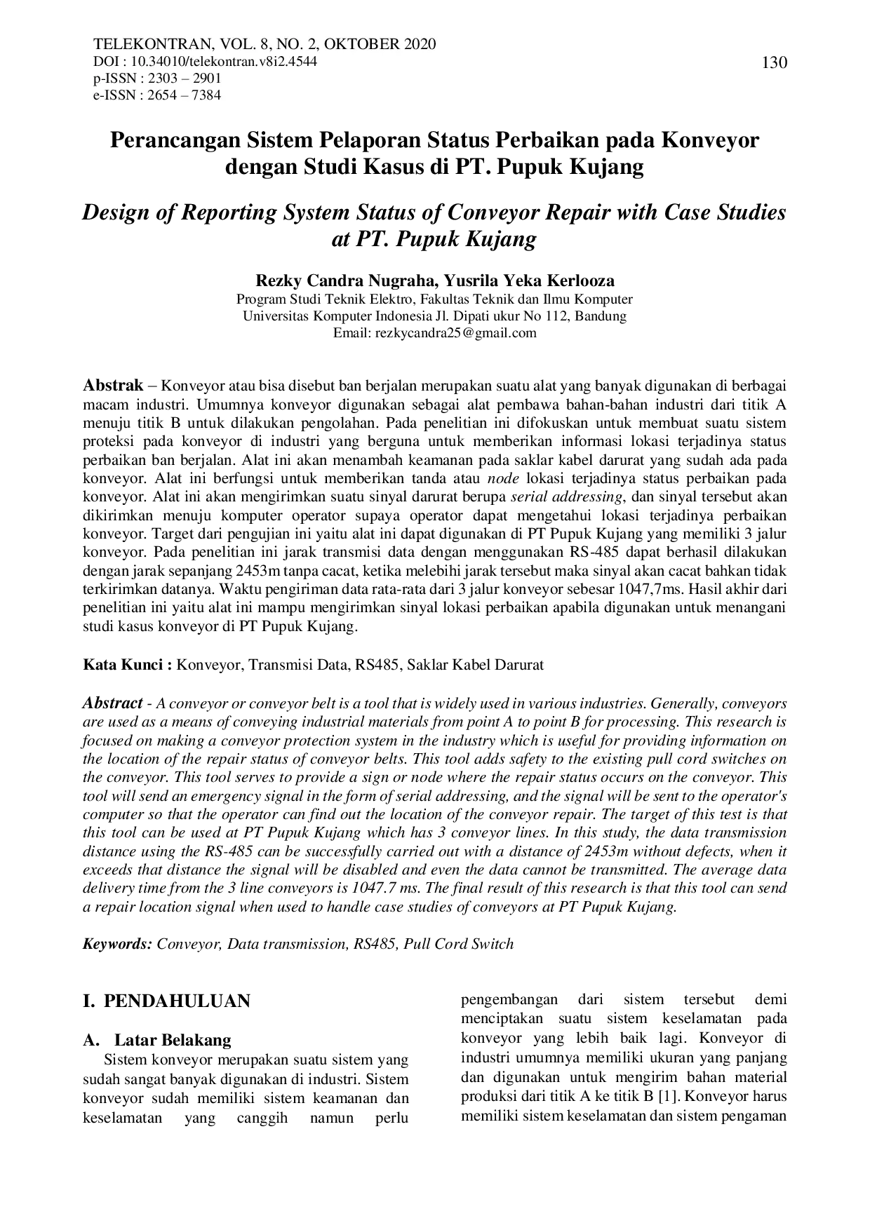 JURIS Design of Reporting System Status of Repair on Conveyor with Case Studies at PT Pupuk Kujang