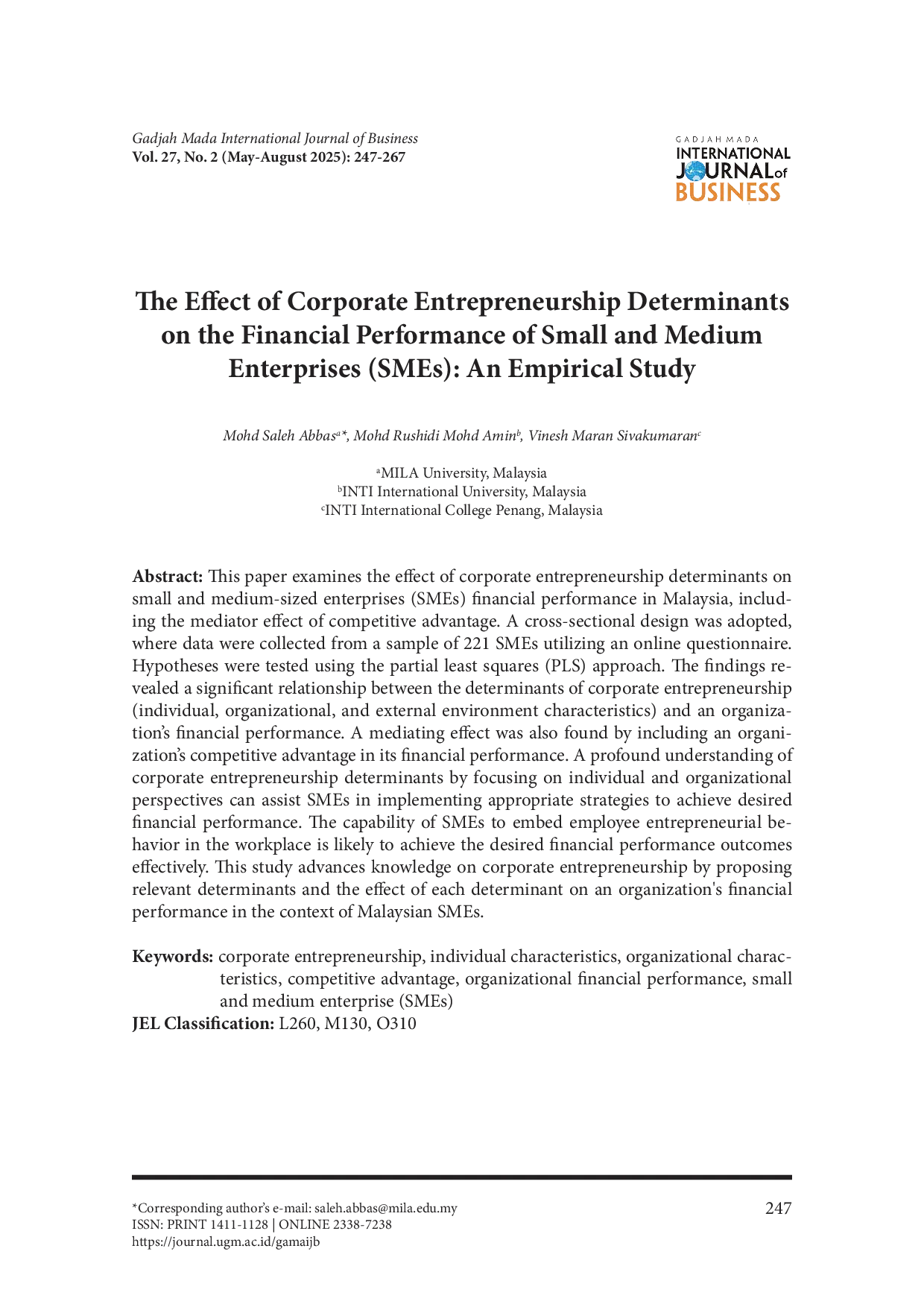 JURIS The Effect of Corporate Entrepreneurship Determinants on the Financial Performance of Small and Medium Enterprises SMEs An Empirical Study