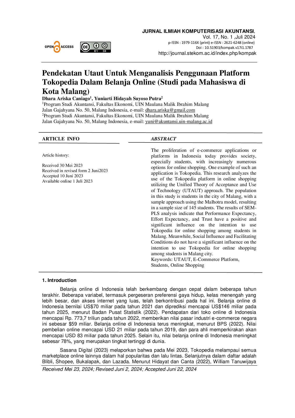 JURIS PENDEKATAN UTAUT UNTUK MENGANALISIS PENGGUNAAN PLATFORM TOKOPEDIA DALAM BELANJA ONLINE Studi pada Mahasiswa di Kota Malang