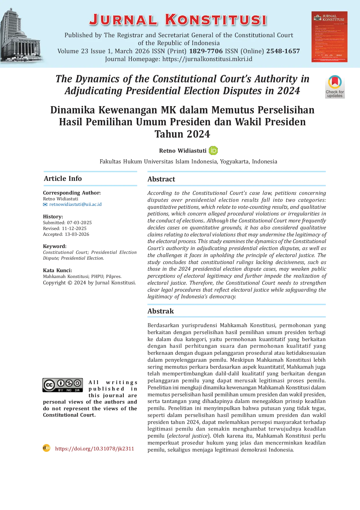 JURIS Dinamika Kewenangan MK dalam Memutus Perselisihan Hasil Pemilihan Umum Presiden dan Wakil Presiden Tahun 2024 The Dynamics of the Constitutional Court s Authority in Adjudicating Presidential Electio
