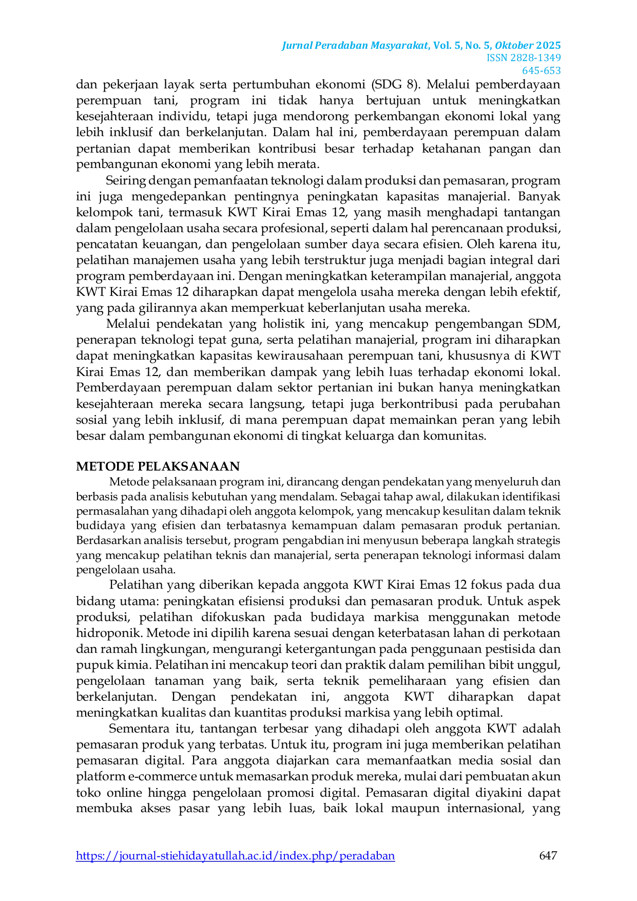 JURIS Peningkatan Kewirausahaan Perempuan Tani Melalui Pengembangan SDM Dan Teknologi Informasi Studi Kasus Pada KWT Kirai Emas 12 Depok