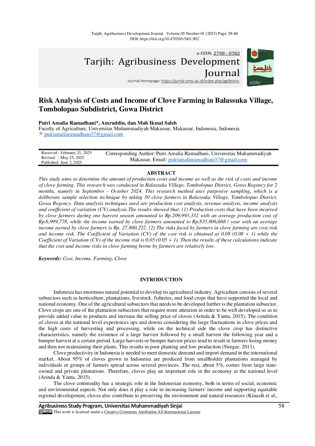JURIS Risk Analysis of Costs and Income of Clove Farming in Balassuka Village Tombolopao Subdistrict Gowa District
