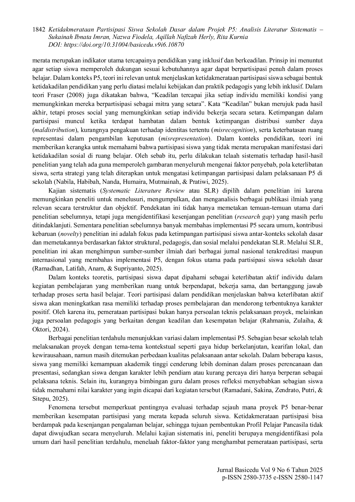 JURIS Ketidakmerataan Partisipasi Siswa Sekolah Dasar dalam Projek P5 Analisis Literatur Sistematis