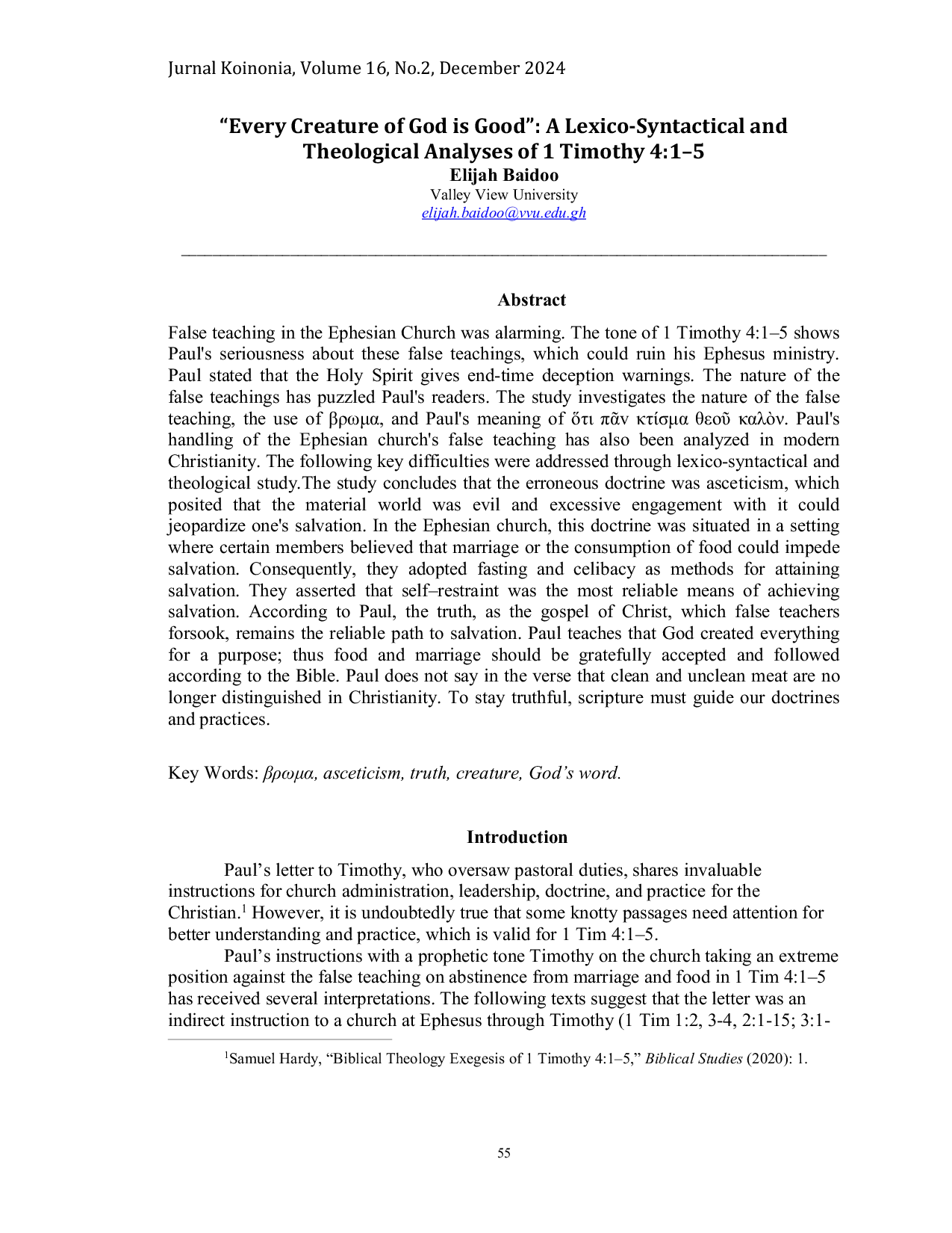 JURIS Every Creature of God is Good A Lexico Syntactical and Theological Analyses of 1 Timothy 4 1 5