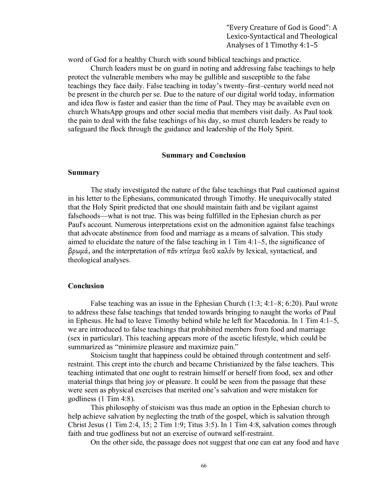 JURIS Every Creature of God is Good A Lexico Syntactical and Theological Analyses of 1 Timothy 4 1 5