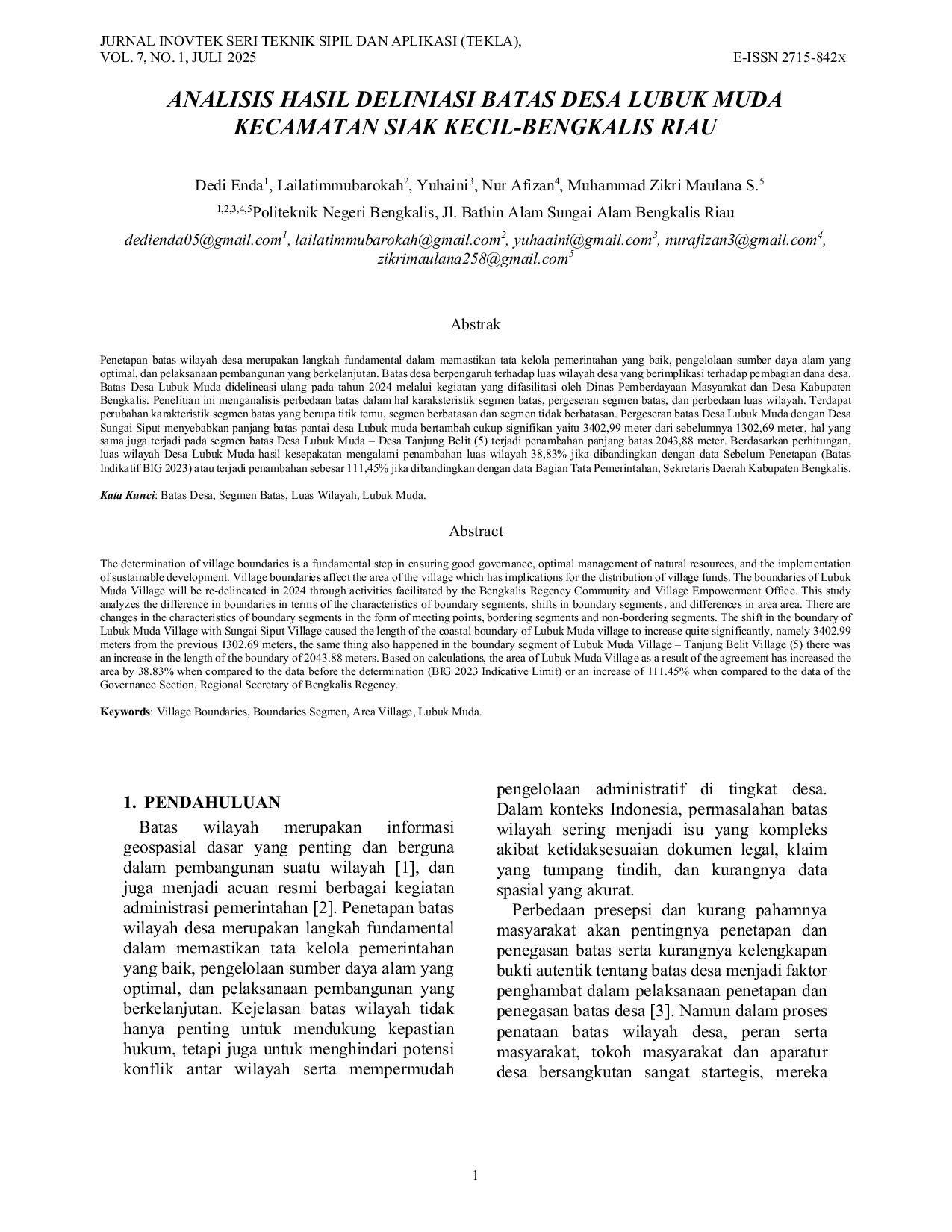 JURIS Analisis Hasil Delinasi Batas Desa Lubuk Muda Kecamatan Siak Kecil Bengkalis Riau