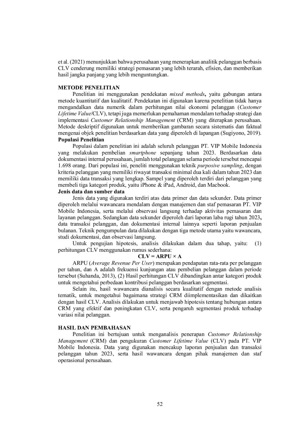 JURIS Analisis Customer Lifetime Value Pada PT VIP Mobile Indonesia