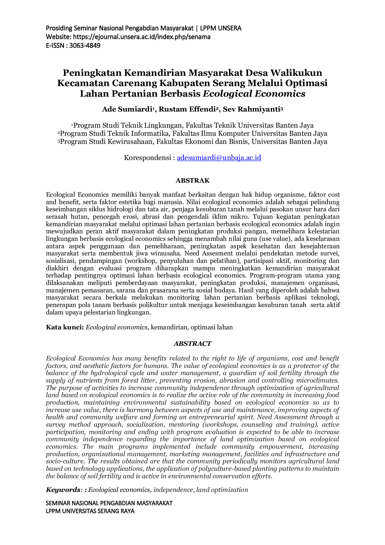 JURIS Peningkatan Kemandirian Masyarakat Desa Walikukun Kecamatan Carenang Kabupaten Serang Melalui Optimasi Lahan Pertanian Berbasis Ecological Economics