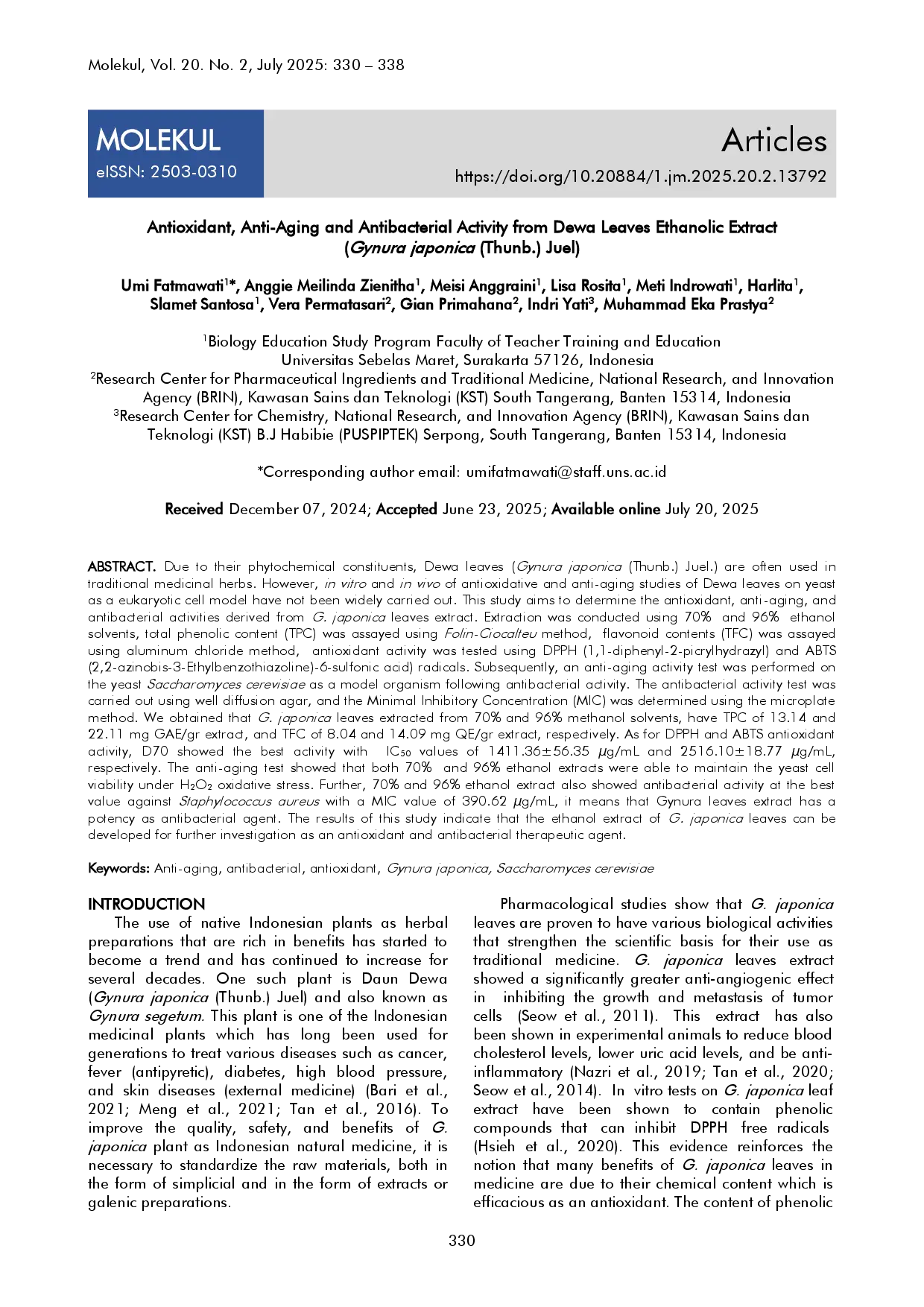 juris Antioxidant Anti Aging and Antibacterial Activity from Dewa Leaves Ethanolic Extract Gynura japonica Thunb Juel