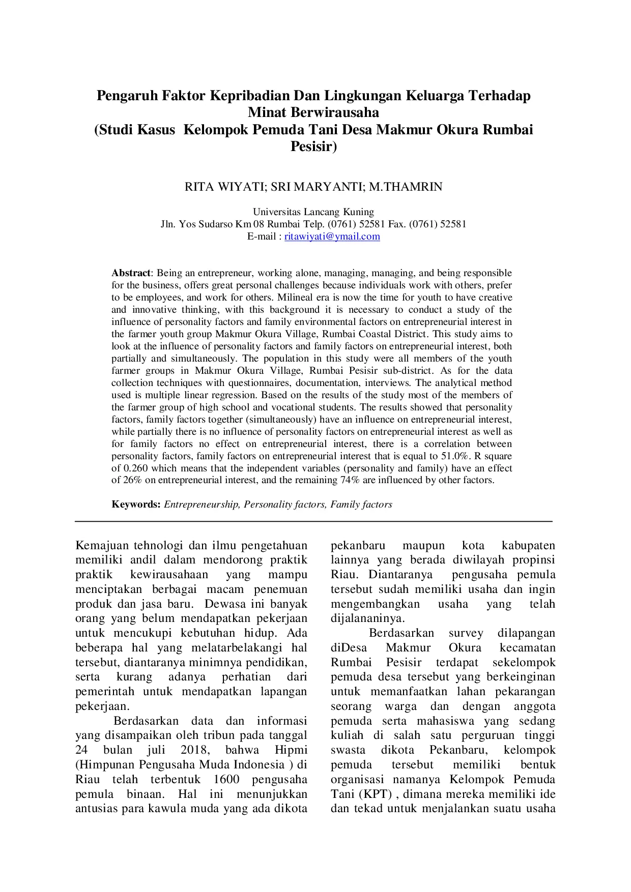 juris Pengaruh Faktor Kepribadian Dan Lingkungan Keluarga Terhadap Minat Berwirausaha