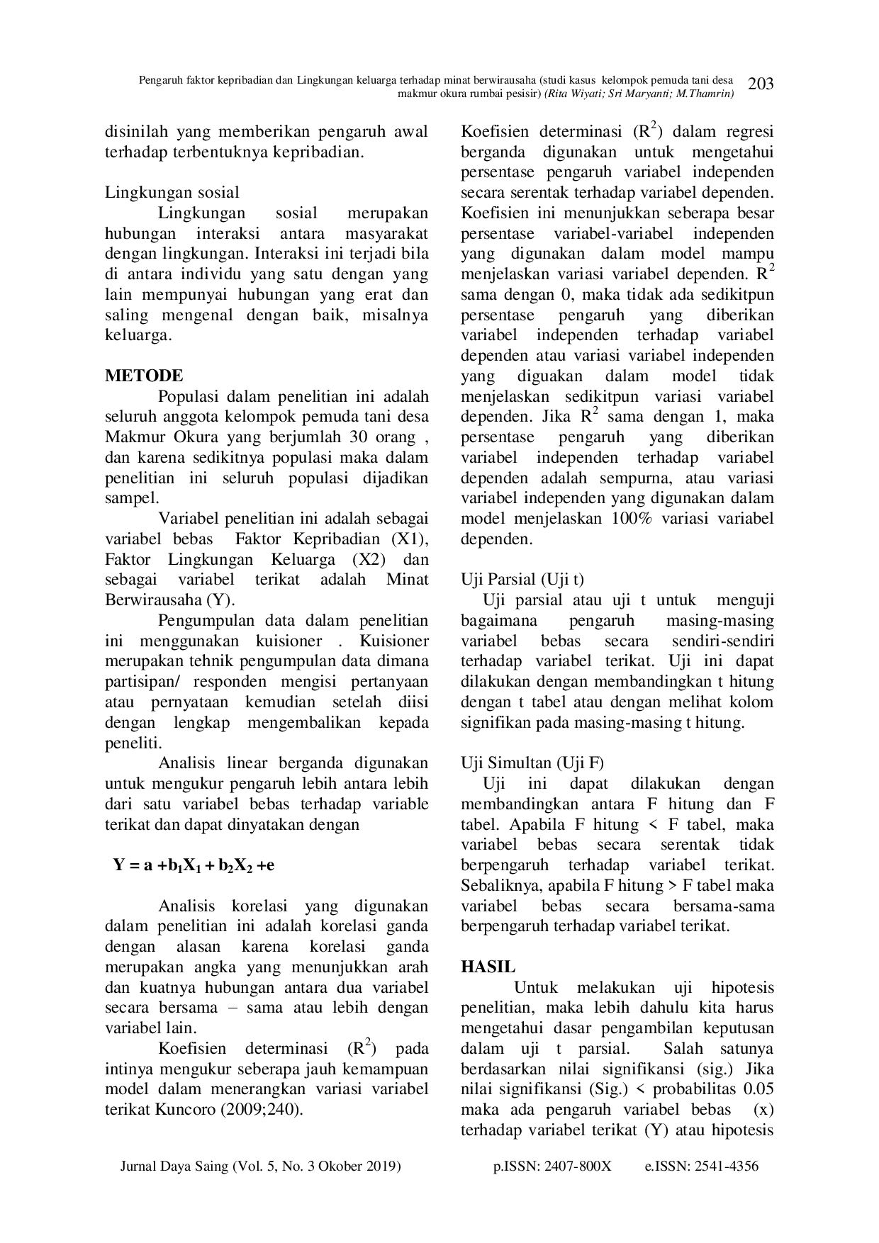 juris Pengaruh Faktor Kepribadian Dan Lingkungan Keluarga Terhadap Minat Berwirausaha