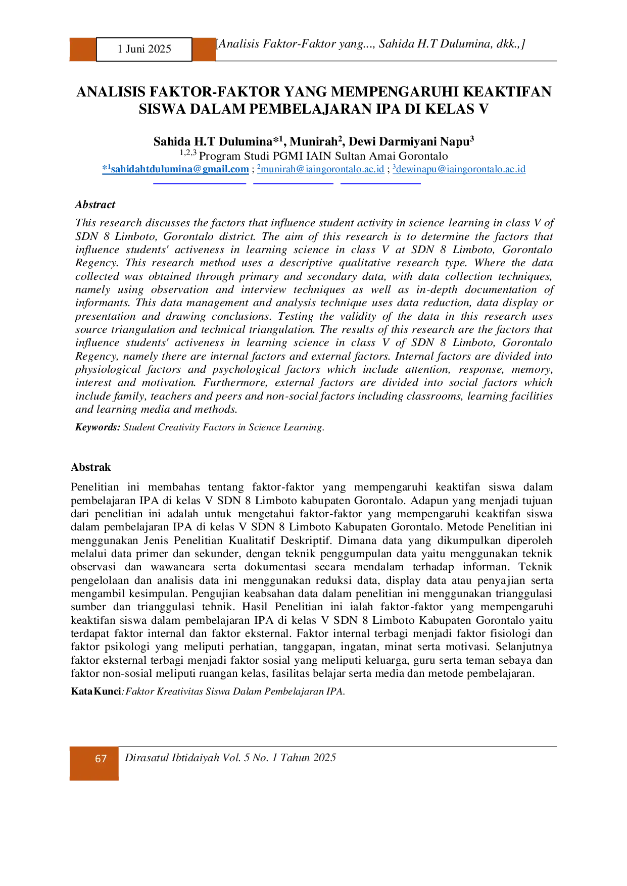 JURIS Analisis Faktor Faktor Yang Mempengaruhi Keaktifan Siswa Dalam Pembelajaran Ipa Di Kelas V