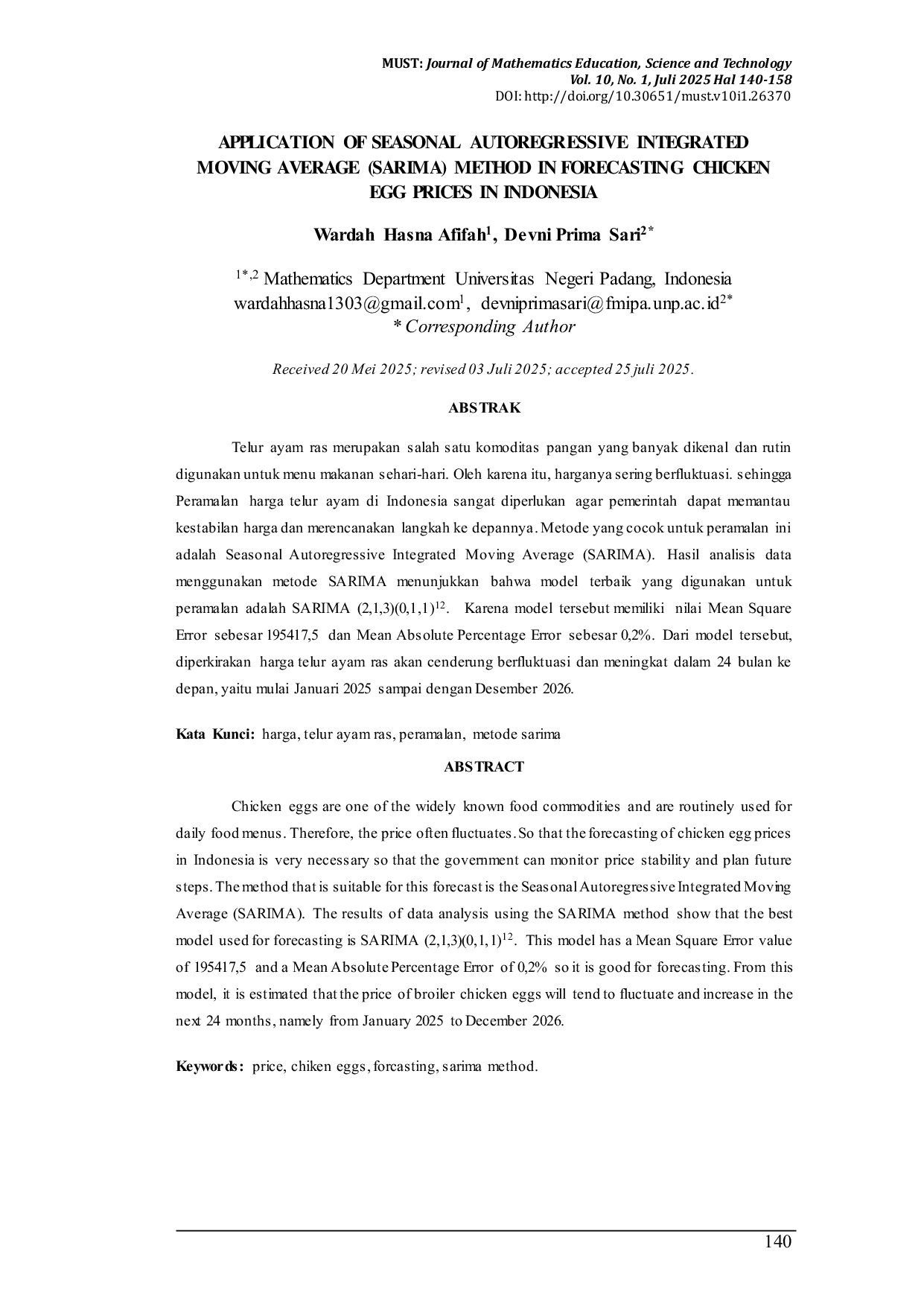 JURIS Application of Seasonal Autoregressive Integrated Moving Average SARIMA Method in Forecasting Chicken Egg Prices in Indonesia