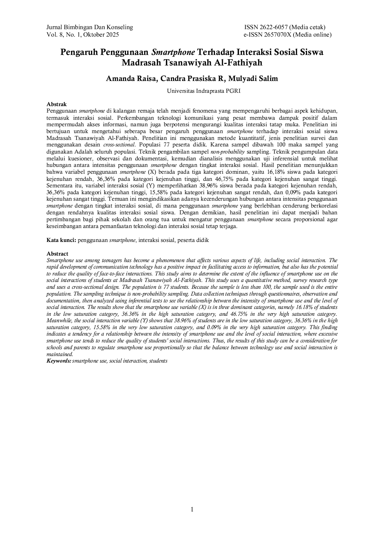 JURIS Pengaruh Penggunaan Smartphone Terhadap Interaksi Sosial Siswa SMP MTs Al Fathiyah