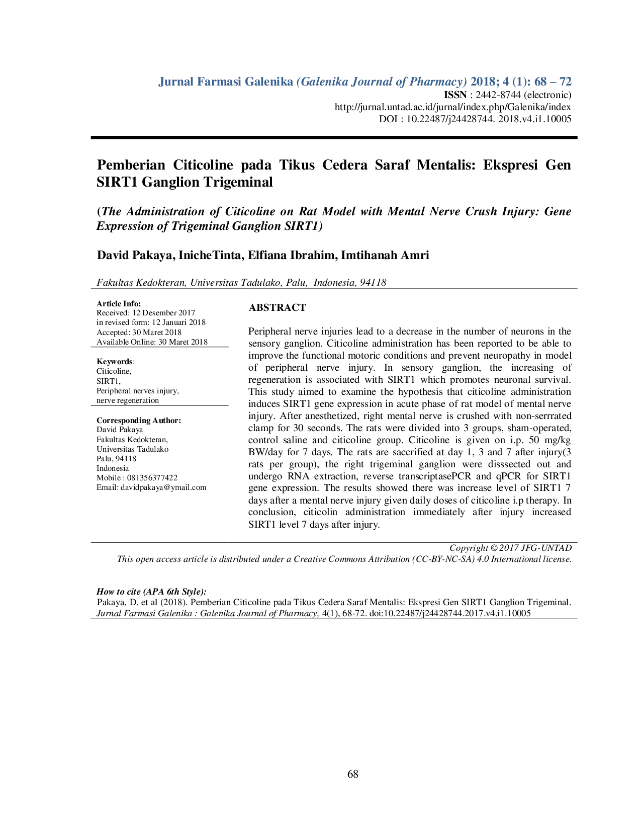 JURIS Pemberian Citicoline pada Tikus Cedera Saraf Mentalis Ekspresi Gen SIRT1 Ganglion Trigeminal