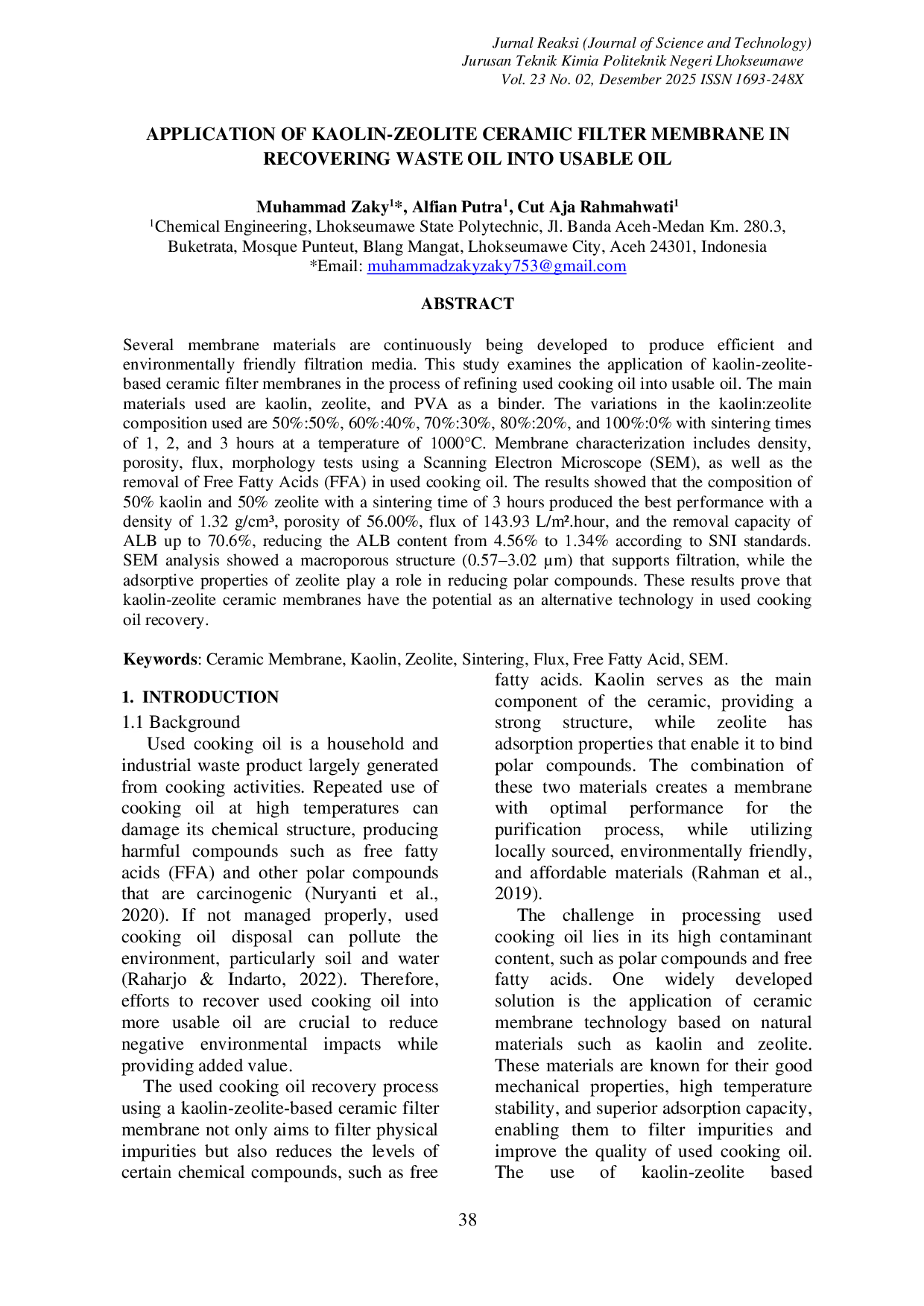JURIS APPLICATION OF KAOLIN ZEOLITE CERAMIC FILTER MEMBRANE IN RECOVERING WASTE OIL INTO USABLE OIL