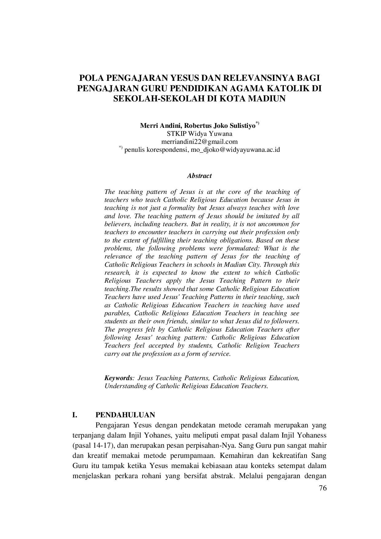 JURIS Pola Pengajaran Yesus Dan Relevansinya Bagi Pengajaran Guru Pendidikan Agama Katolik Di Sekolah Sekolah Di Kota Madiun