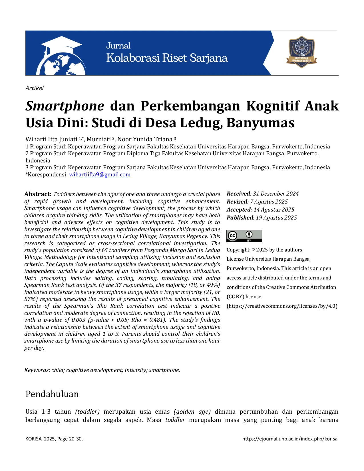 JURIS Smartphone dan Perkembangan Kognitif Anak Usia Dini Studi di Desa Ledug Banyumas