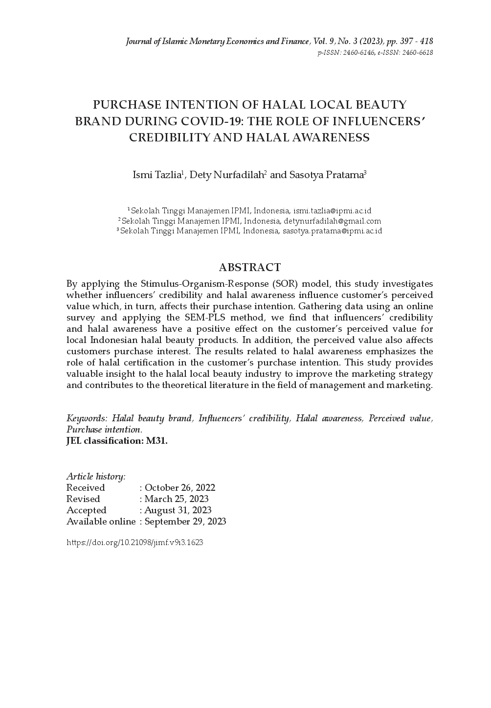 juris Purchase Intention of Halal Local Beauty Brand During COVID 19 The Role of Influencers Credibility and Halal Awareness