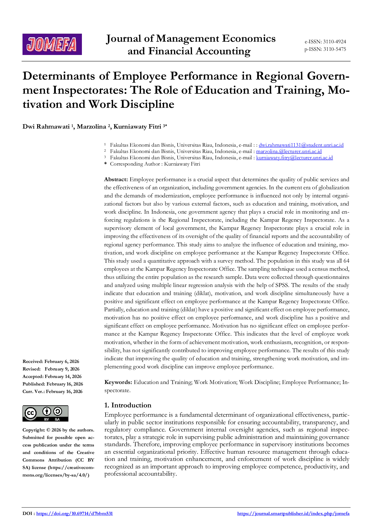 JURIS Determinants of Employee Performance in Regional Government Inspectorates The Role of Education and Training Motivation and Work Discipline