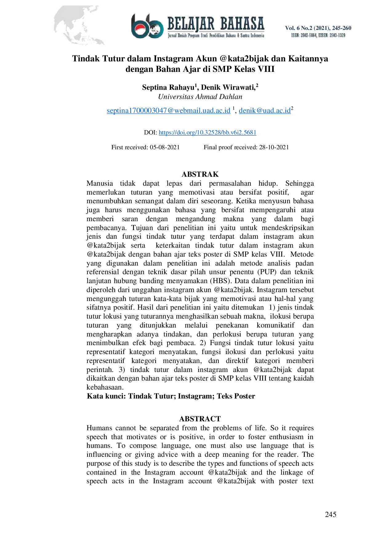 JURIS Tindak Tutur dalam Instagram Akun kata2bijak dan Kaitannya dengan Bahan Ajar di SMP Kelas VIII