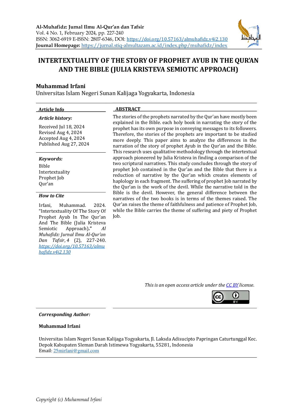 JURIS Intertextuality of The Story of Prophet Ayub in The Qur an and The Bible Julia Kristeva Semiotic Approach