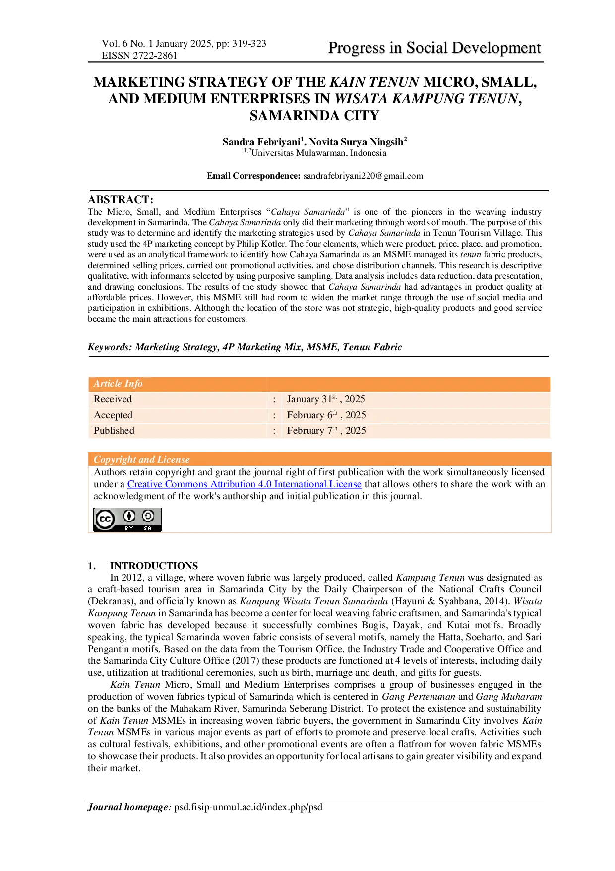 JURIS Marketing Strategy of the Kain Tenun Micro Small and Medium Enterprises in Wisata Kampung Tenun Samarinda City