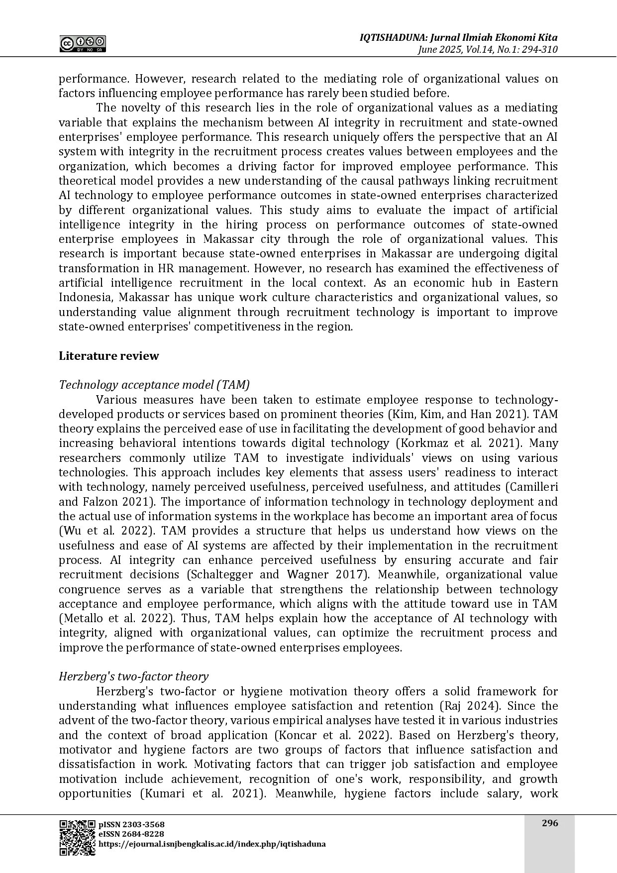 juris Integrity of artificial intelligence in recruitment on employee performance the mediating role of organizational values