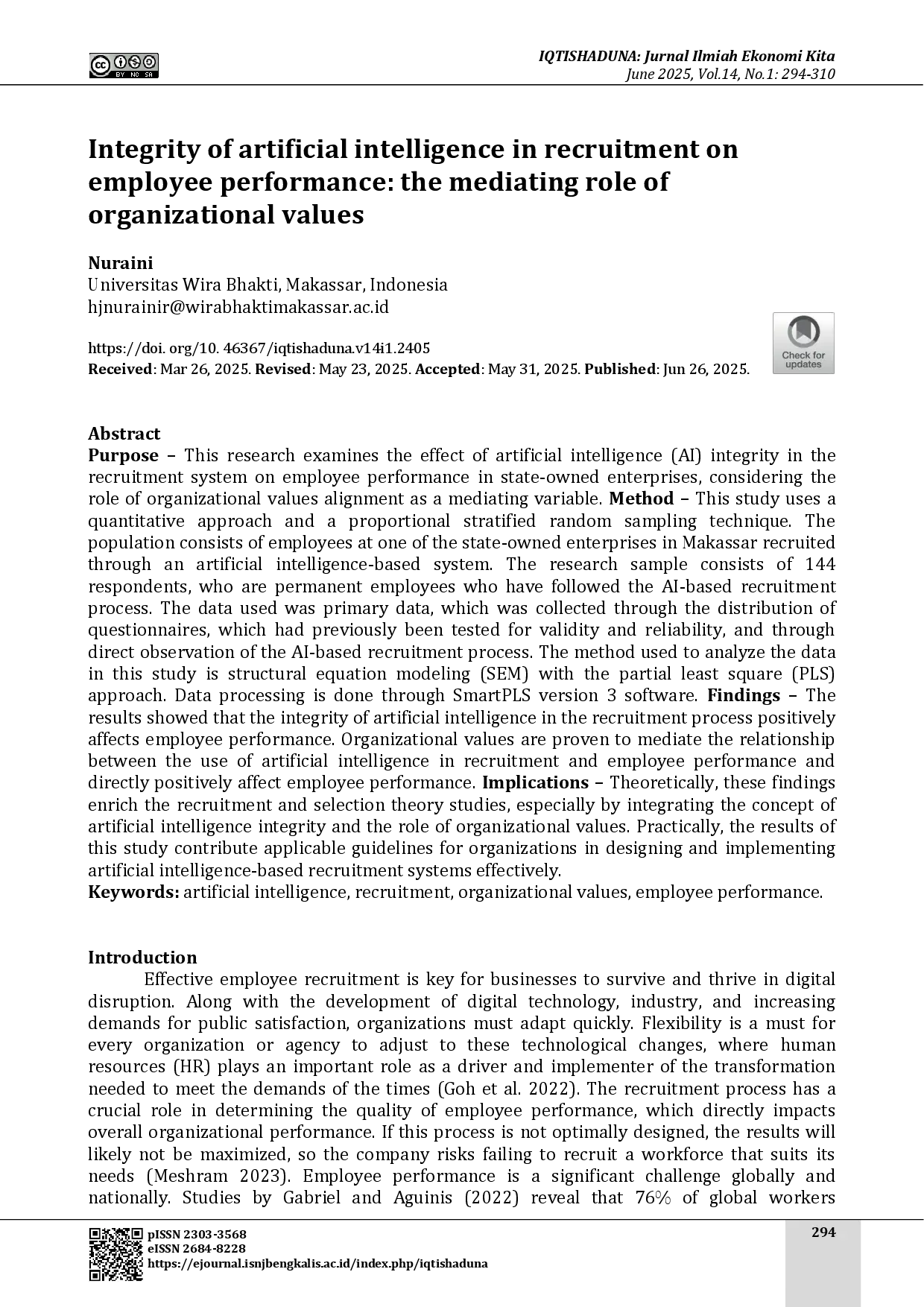 juris Integrity of artificial intelligence in recruitment on employee performance the mediating role of organizational values