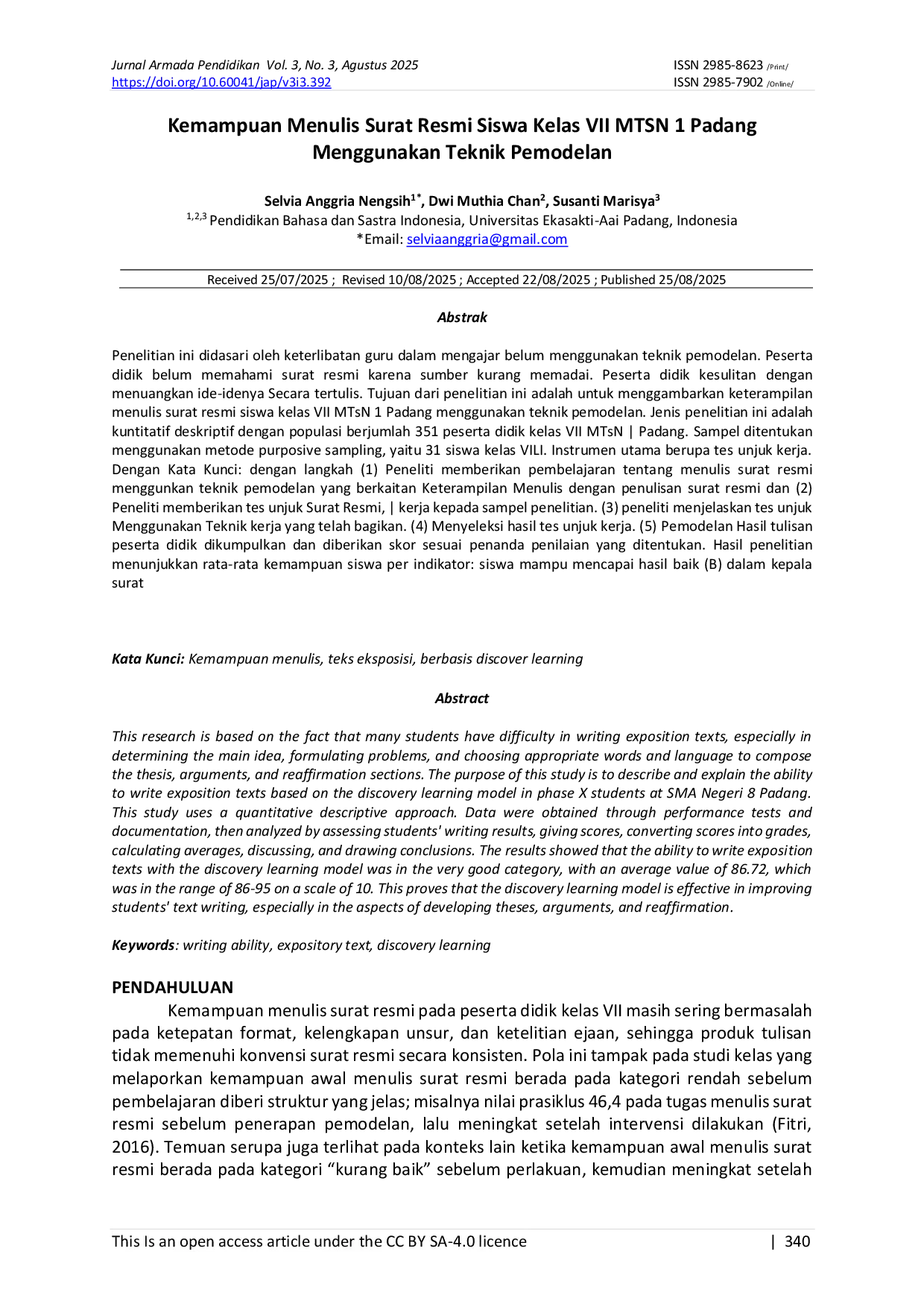 JURIS Kemampuan Menulis Surat Resmi Siswa Kelas VII MTSN 1 Padang Menggunakan Teknik Pemodelan