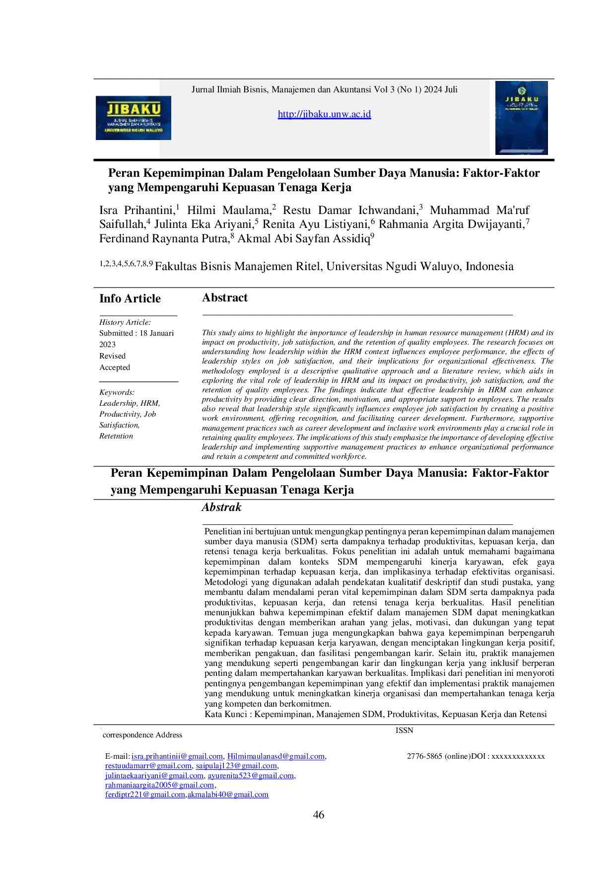 JURIS Peran Kepemimpinan dalam Pengelolaan Sumber Daya Manusia Faktor Faktor yang Mempengaruhi Kepuasan Tenaga Kerja