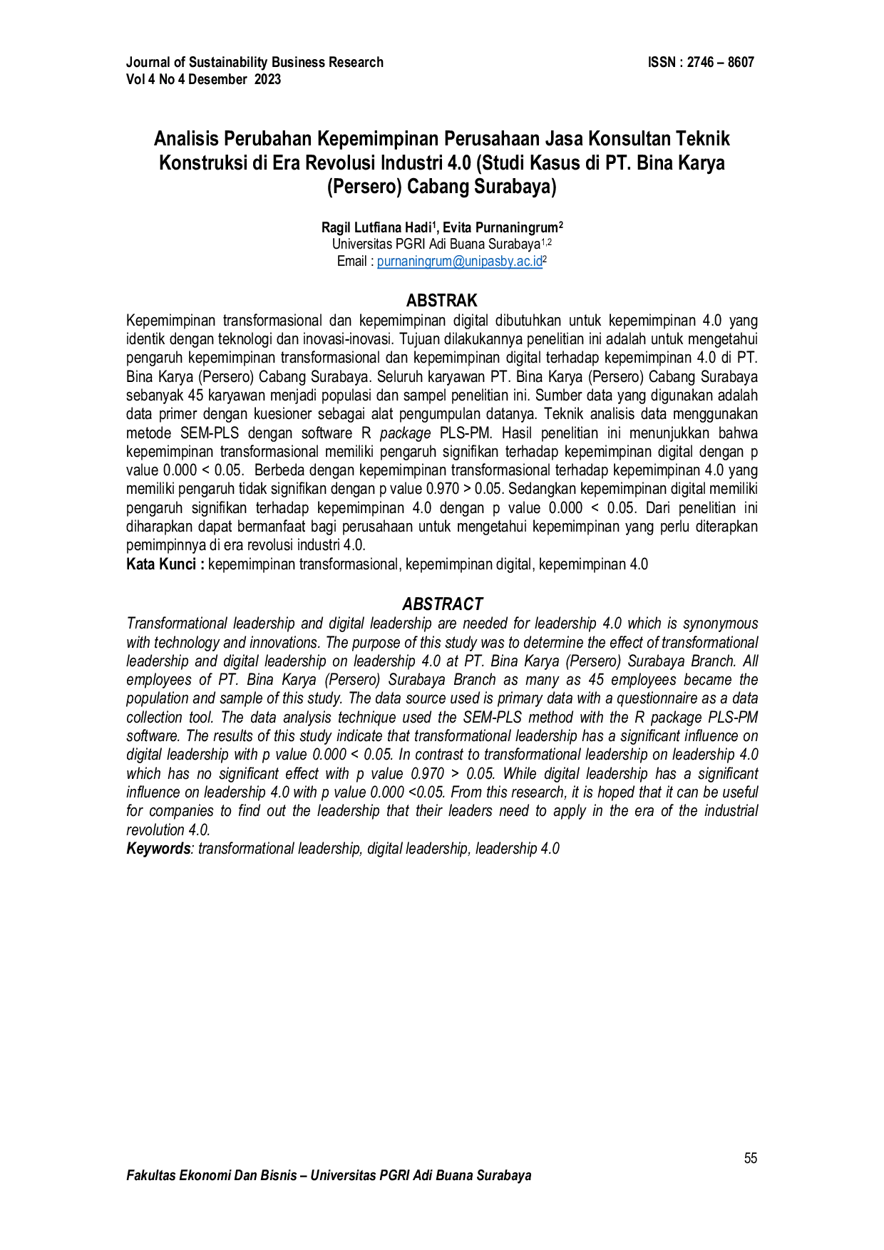 JURIS Analisis Perubahan Kepemimpinan Perusahaan Jasa Konsultan Teknik Konstruksi di Era Revolusi Industri 4 0 Studi Kasus di PT Bina Karya Persero Cabang Surabaya