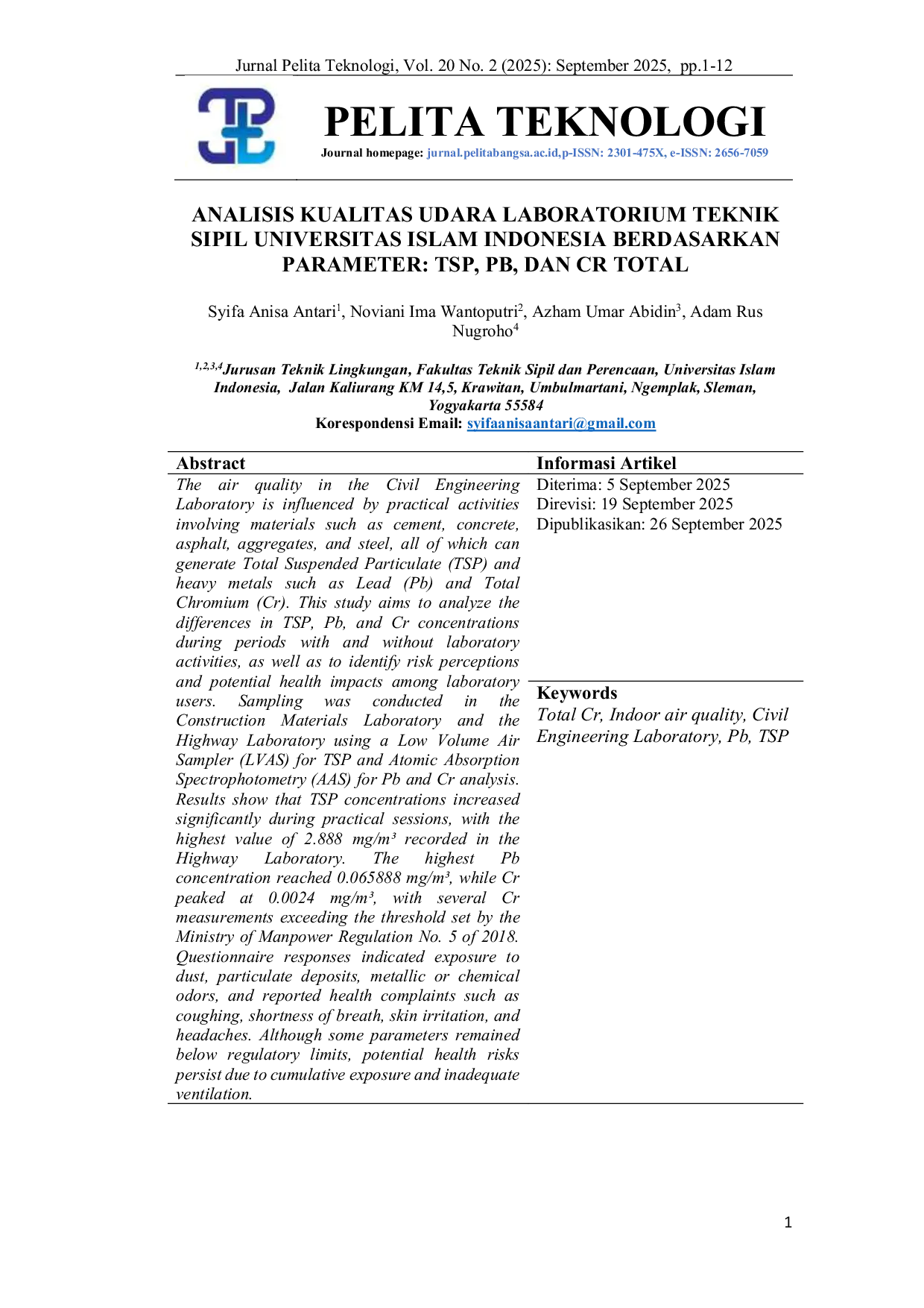 JURIS Analisis Kualitas Udara Laboratorium Teknik Sipil Universitas Islam Indonesia Berdasarkan Parameter TSP Pb dan Cr Total