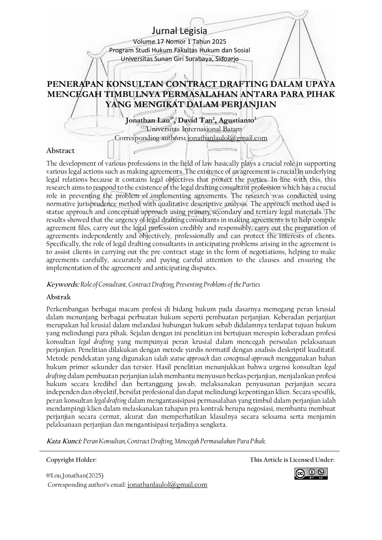 JURIS Penerapan Konsultan Contract Drafting Dalam Upaya Mencegah Timbulnya Permasalahan Antara Para Pihak Yang Mengikat Dalam Perjanjian