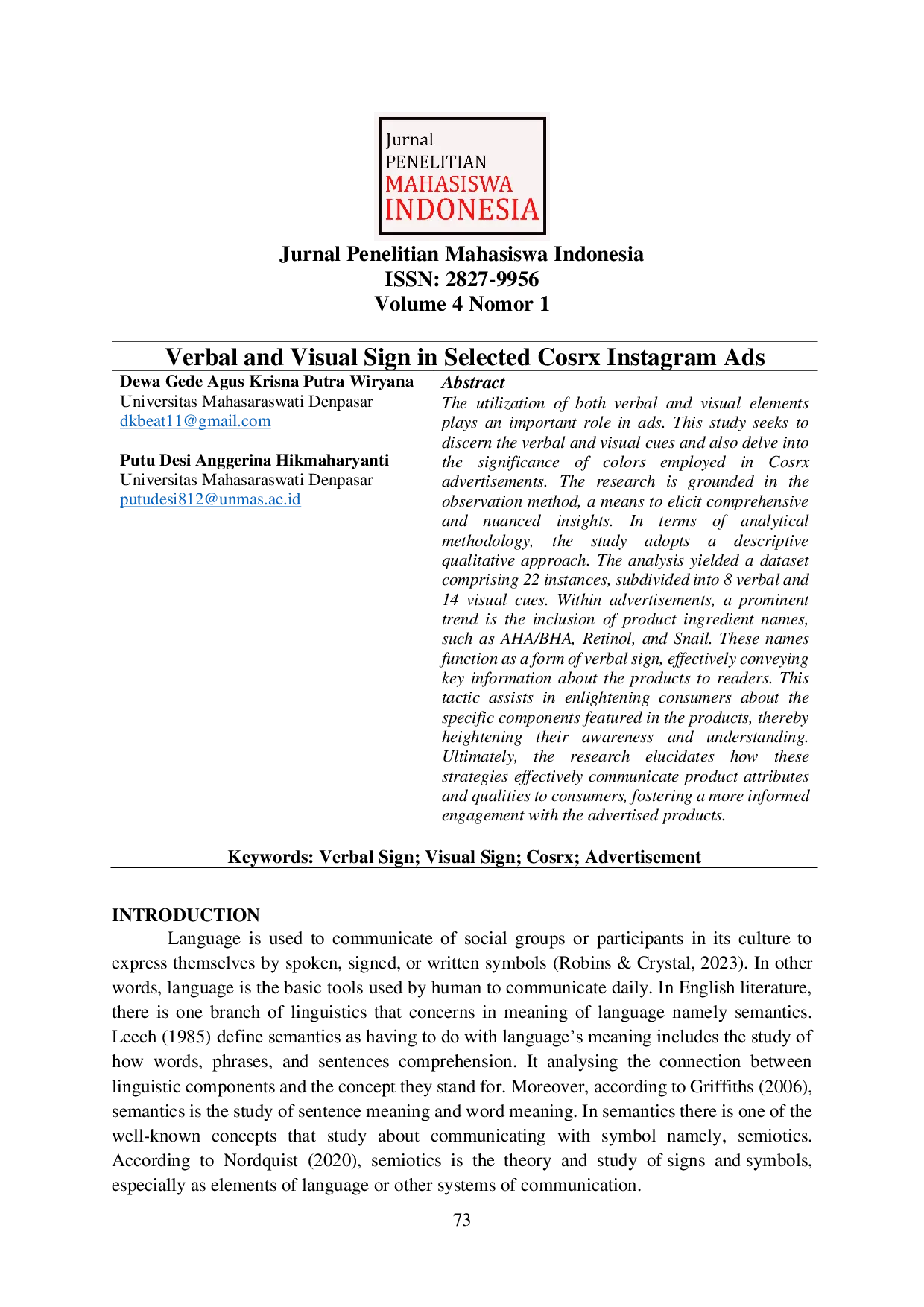 JURIS Verbal and Visual Sign in Selected Cosrx Instagram Ads