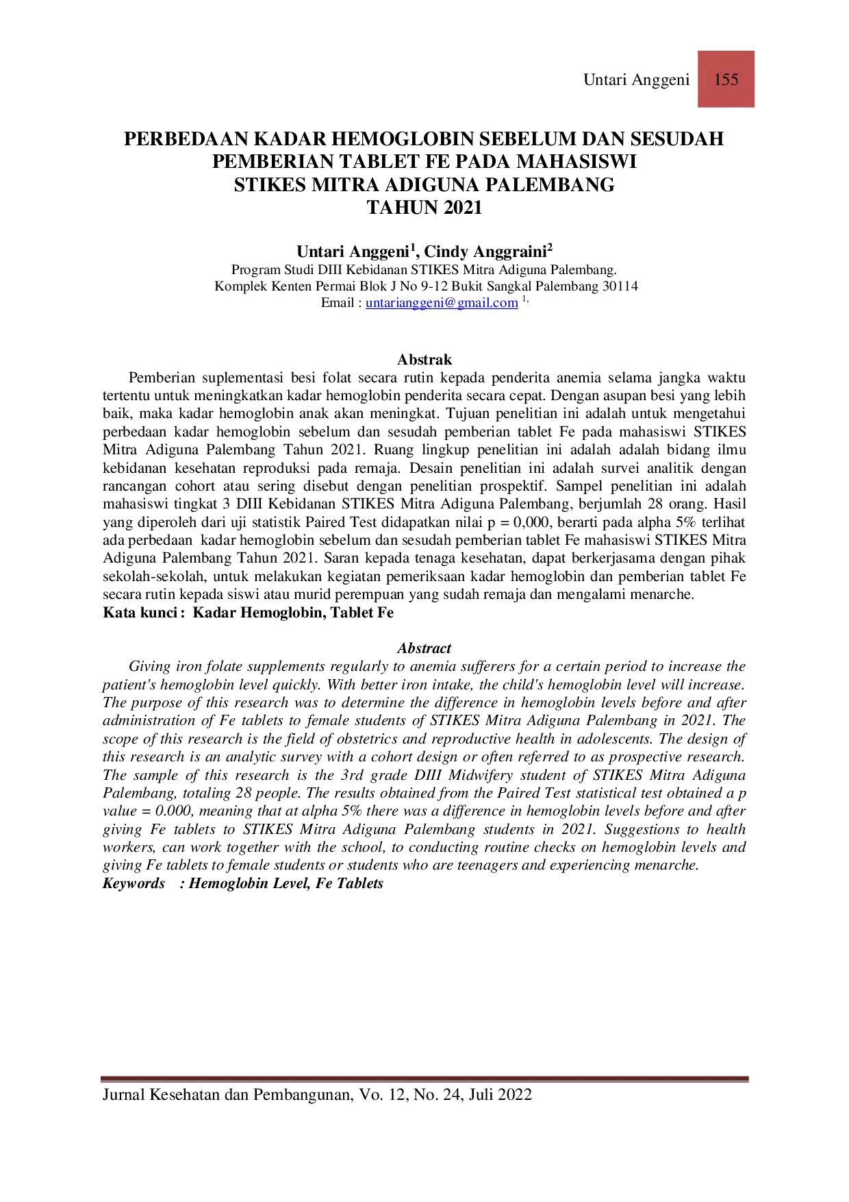 JURIS Perbedaan Kadar Hemoglobin Sebelum Dan Sesudah Pemberian Tablet Fe Pada Mahasiswi Stikes Mitra Adiguna Palembang Tahun 2021