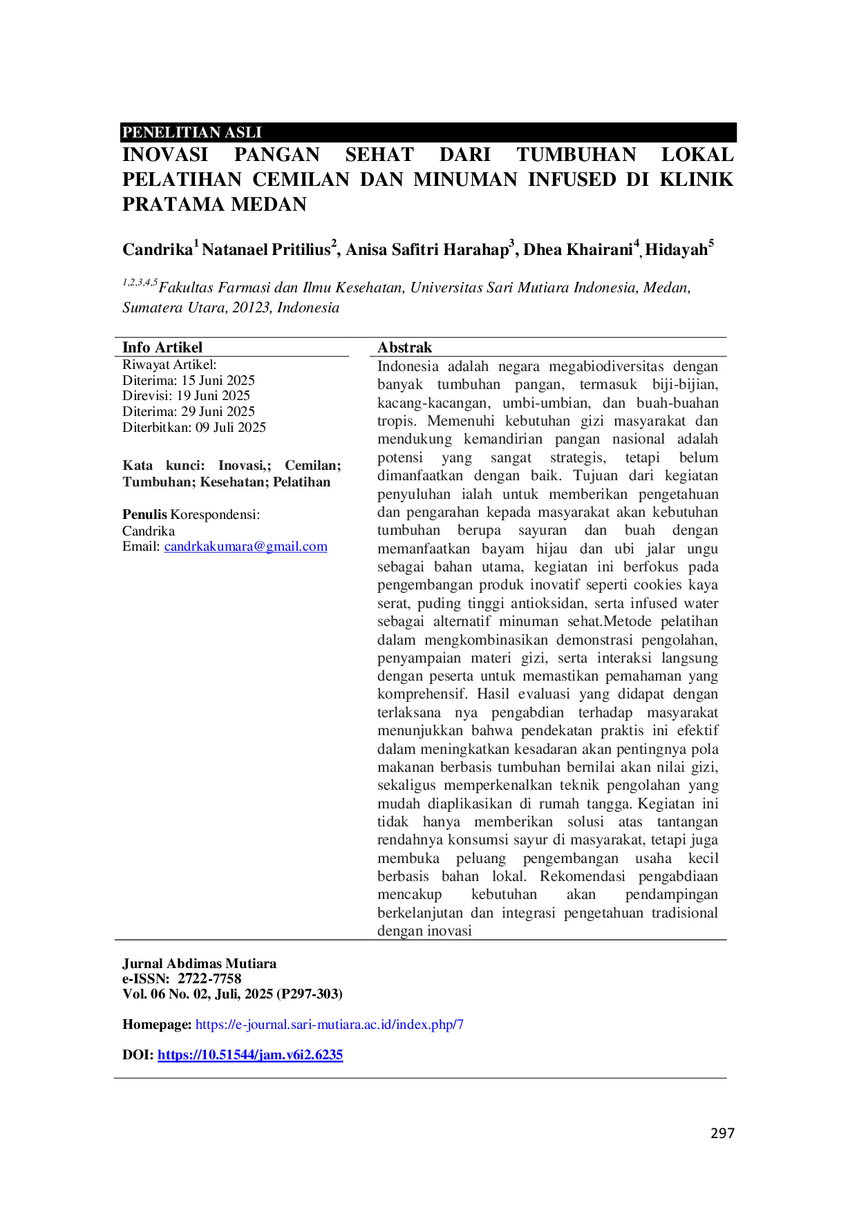 JURIS Inovasi Pangan Sehat dari Tumbuhan Lokal Pelatihan Cemilan dan Minuman Infused di Klinik Pratama Medan