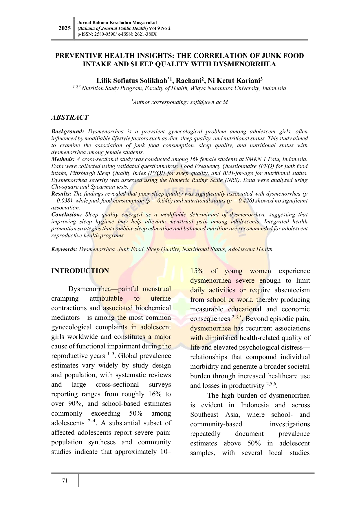 JURIS Preventive Health Insights The Correlation of Junk Food Intake and Sleep Quality with Dysmenorrhea